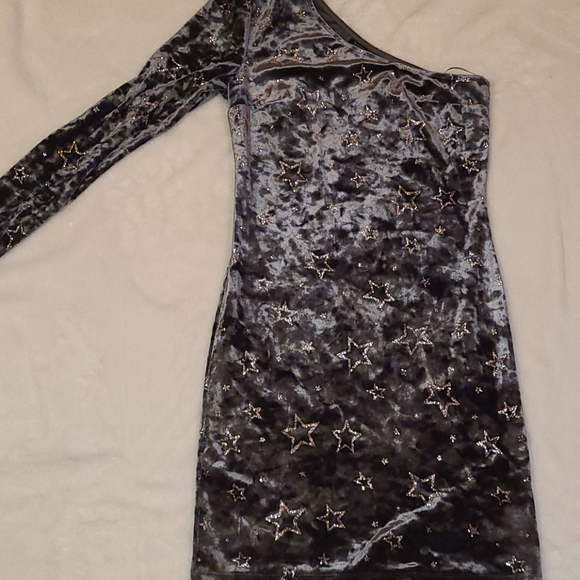 Topshop Size 2 Velvet Holiday Glitter Star Green Off Shoulder Dress - Picture 3 of 10